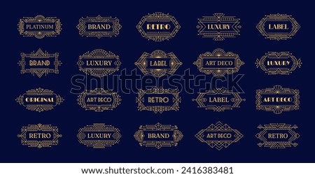 Golden art deco frames, vintage borders and labels, modern geometric ornament decoration isolated vector set. Retro-inspired luxury emblems for brand or premium product presentation and identity