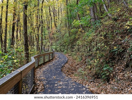 The West Ridge Falls Access Trail is an ADA-compliant pathway that leads to a scenic viewpoint of the waterfall. It is made of recycled tire material and has a wood handrail. Photographed in autumn.  Royalty-Free Stock Photo #2416396951
