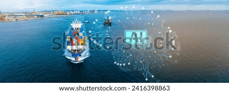 Digital AI Brain of container cargo ship carrying container and running for export  goods  from  cargo yard port to custom ocean concept technology transportation.