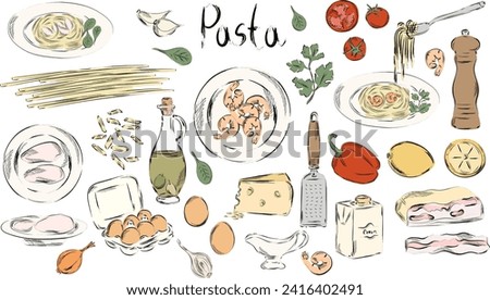 Graphic tomatoes and shrimps hand drawn vector illustration. Print with Ingredients for Italian restaurant or mediterranean food menu. Pasta with food clip art. Italian appetize in color