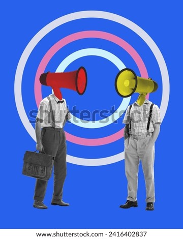 Poster for debate club focusing on power of speech and persuasion in public discourse. Contemporary art. Two individuals with megaphones for heads facing each other. Communication power Royalty-Free Stock Photo #2416402837