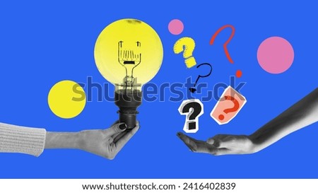 Curiosity and ideas. Generation of new ideas, and search for knowledge Contemporary art collage. Female hand with yellow light bulb and question marks. Concept of social networks, human rights Royalty-Free Stock Photo #2416402839
