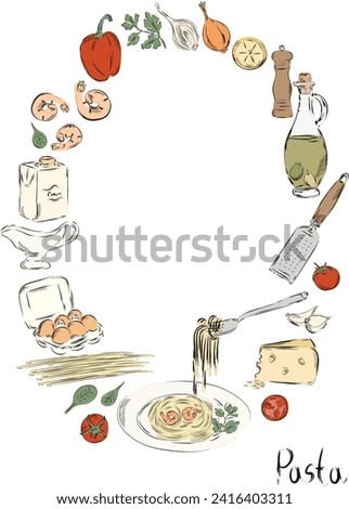 Graphic tomatoes and shrimps hand drawn vector poster illustration. Print with Ingredients for Italian restaurant or mediterranean food menu. Pasta with food clip art. Italian appetize in color