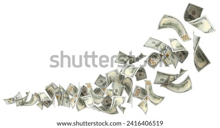 Flying 100 American dollars banknotes, isolated on white background Royalty-Free Stock Photo #2416406519