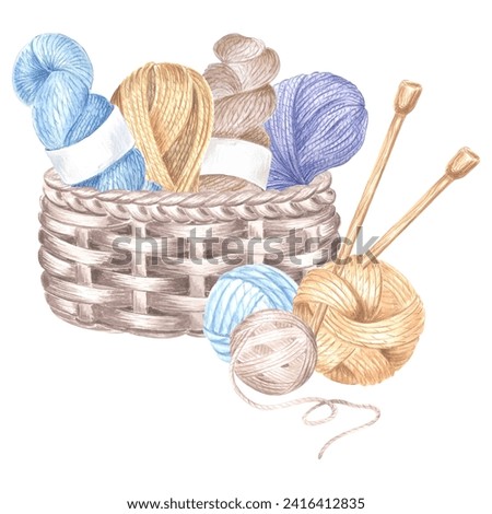 Skeins of yarn and tangles of threads in basket, wooden knitting needles. Watercolor template illustration of hobby knitting. Isolated hand drawn illustration for card, knitter blog, needlework store