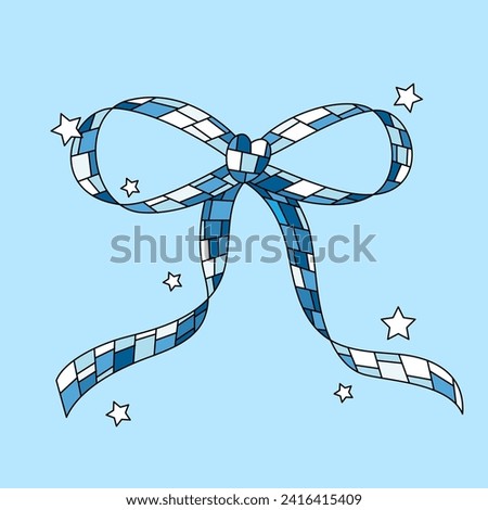 Disco mirror ball blue bow in cartoon style. Cute trendy design. Vector funky illustration. Ballet-core, coquette-core background. 