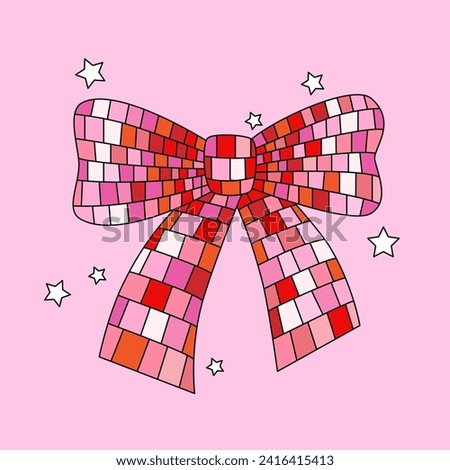 Disco mirror ball pink bow in cartoon style. Cute trendy design. Vector funky illustration. Ballet-core, coquette-core background.  