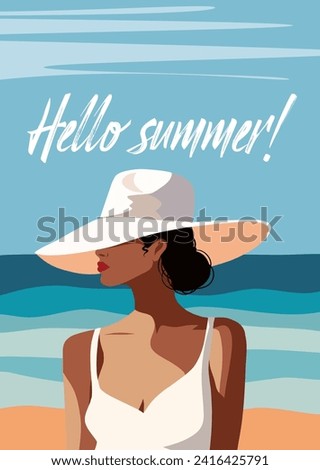 Vector illustration place for text Hello summer concept tourism, vacation. Beautiful woman on vacation in a hat against the backdrop of the ocean sea. Woman tourist in a white dress in the tropics Royalty-Free Stock Photo #2416425791