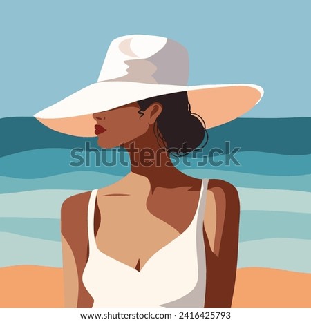 Vector illustration concept tourism, vacation. Beautiful woman on vacation in a hat against the backdrop of the ocean sea. Woman tourist in a white dress in the tropics Royalty-Free Stock Photo #2416425793