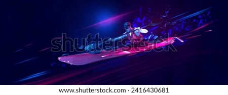 Rowing. Young woman, kayaker in canoe, kayak training on gradient background with polygonal and fluid neon elements. Concept of sport, action, competition, tournament. Banner for sport events