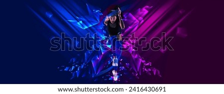 Young girl, professional runner athlete in uniform training, running on gradient background with polygonal and fluid neon elements. Concept of sport, competition, tournament. Banner for sport events