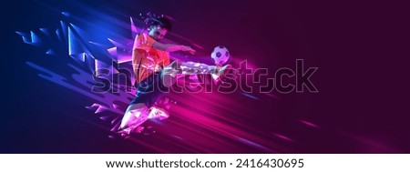 Young guy, soccer payer kicking ball in a jump over gradient background with polygonal and fluid neon elements. Concept of sport, action, competition, tournament. Banner for sport events