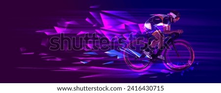 Cyclist riding a bicycle on gradient purple blue background with polygonal and fluid neon elements. Concept of sport, action, competition, tournament. Banner for sport events