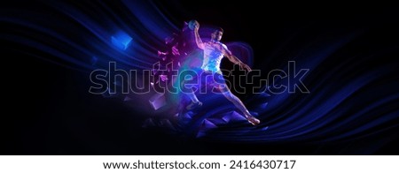 Dynamic image of young man, handball player in motion, training on dark background with polygonal and fluid neon elements. Concept of sport, action, competition, tournament. Banner for sport events