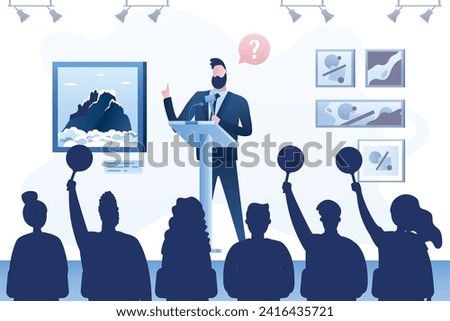 Auction, concept banner. Male auctioneer sells works of art. Silhouettes of various buyers. Trader uses auction hammer. Sale of different rare masterpiece. Public art event. Flat vector illustration Royalty-Free Stock Photo #2416435721
