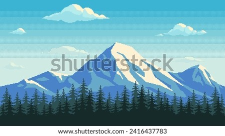 Pixel art mountains seamless background. Landscape with mountain peaks, clouds and forest for game or application. Vector cartoon backdrop. Royalty-Free Stock Photo #2416437783
