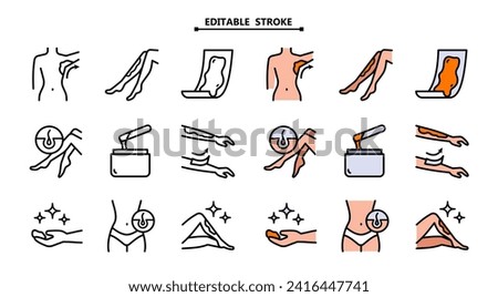 Removing hair by using sugaring or strip wax. Editable stroke. Beauty treatment icons. Waxing icons set. Female hair removal procedure. Depilation equipment. Body hair removal equipment collection. Royalty-Free Stock Photo #2416447741