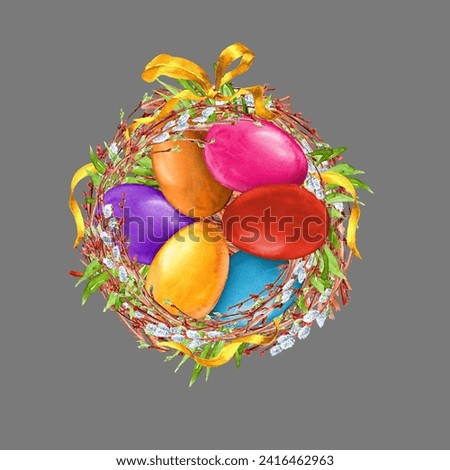 Watercolor Easter composition with bright eggs in nest of twigs of willow end young greenery