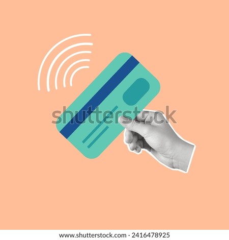 Contemporary art collage of hand holding banking card. Pay online concept. Minimalism. Modern design. Copy space.