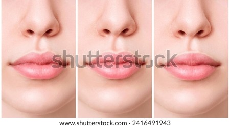 Lips of young woman near set of different female lips. Royalty-Free Stock Photo #2416491943