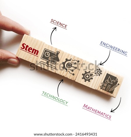 Hand holding wooden block with text STEM and icons of science, technology, engineering and mathematics education word. 