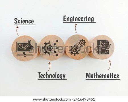 Wooden blocks connection with STEM icon. science, technology, engineering, mathematics education word with icons. Royalty-Free Stock Photo #2416493461