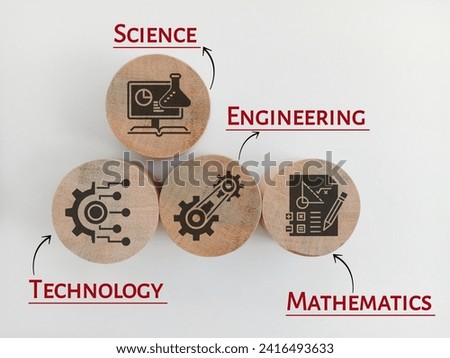 Wooden blocks connection with STEM icons of science, technology, engineering, and mathematics education word. 