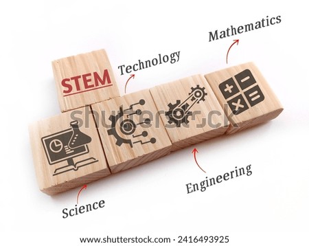 Wooden blocks connection with STEM icon. science, technology, engineering, mathematics education word with icons. Royalty-Free Stock Photo #2416493925