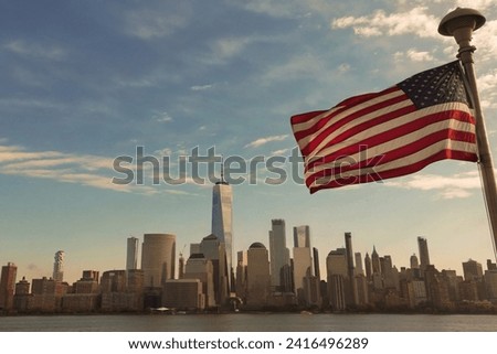 USA American flag. Memorial Day, Veteran's Day, July 4th. American Flag Waving near New York City, Manhattan view. 4th of July with American flags, Independence Day. American flags waving against NYC.