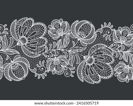 Seamless floral background with white lace flowers.Vector handmade white lace branches with flowers. Lace ribbon
