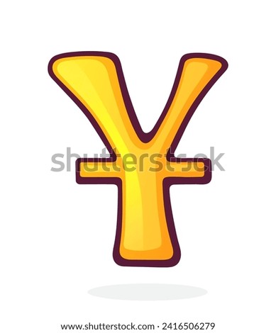 Golden Yuan Sign with Single Stroke. Chinese Currency Symbol. Vector illustration. Hand drawn cartoon clip art with outline. Graphic element for design. Isolated on white background