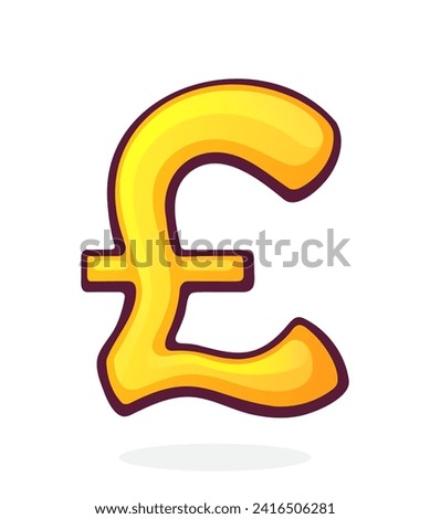 Golden Pound Sign. British Currency Symbol. Vector illustration. Hand drawn cartoon clip art with outline. Graphic element for design. Isolated on white background