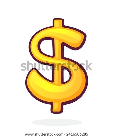Golden Dollar Sign with Single Vertical Stroke. United States Currency Symbol. Vector illustration. Hand drawn cartoon clip art with outline. Graphic element for design. Isolated on white background