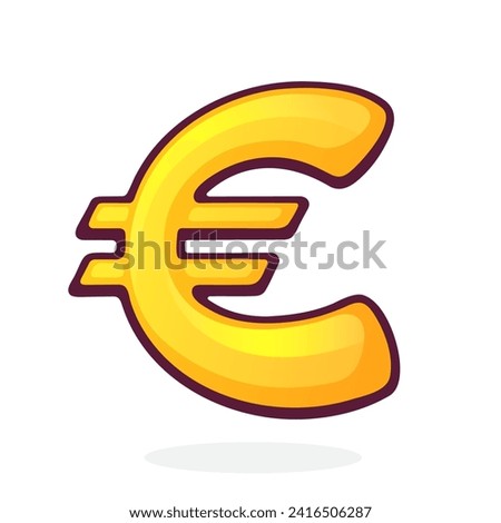 Golden Euro Sign. European Union Currency Symbol. Vector illustration. Hand drawn cartoon clip art with outline. Graphic element for design. Isolated on white background