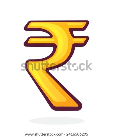 Golden Rupee Sign. Indian Currency Symbol. Vector illustration. Hand drawn cartoon clip art with outline. Graphic element for design. Isolated on white background