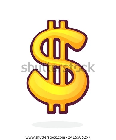 Golden Dollar Sign with Double Horizontal Stroke. United States Currency Symbol. Vector illustration. Hand drawn cartoon clip art with outline. Graphic element for design. Isolated on white background