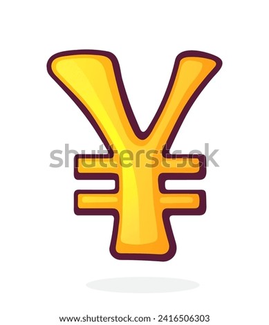 Golden Yen and Chinese Yuan Sign with Double Stroke. Japanese Currency Symbol. Vector illustration. Hand drawn cartoon clip art with outline. Graphic element for design. Isolated on white background