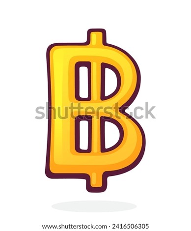 Golden Baht Sign. Thai Currency Symbol. Vector illustration. Hand drawn cartoon clip art with outline. Graphic element for design. Isolated on white background