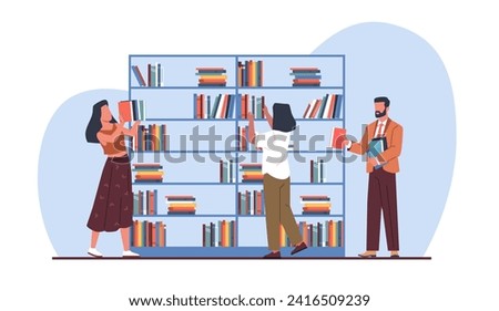 Library staff put books on shelves. Men and women near bookshelf. Shop workers. Knowledge and education. Reading people. Happy bookworms. Cartoon flat style isolated vector concept Royalty-Free Stock Photo #2416509239