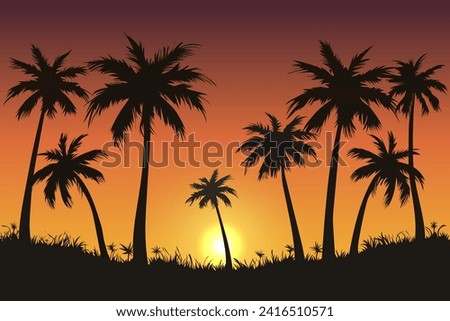 ilhouettes of palm trees against the backdrop of a beautiful sunset. Vector illustration of palm trees in flat style for design, background, banner, poster, card, cover or print.