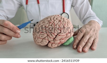 Surgeon is holding ascalpel of brain model. Alzheimer disease and dementia Royalty-Free Stock Photo #2416511939