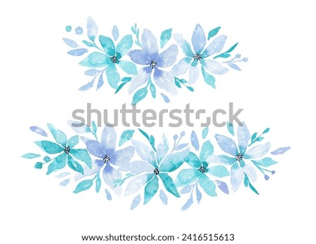 Watercolor floral frame, border. Printable floral designs set. Turquoise, lilac, blue, purple abstract leaves and flowers for card, invitation, logo, scrapbook