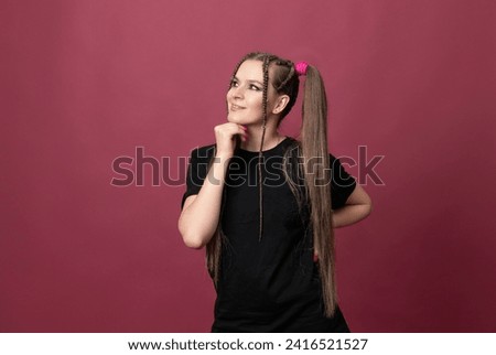Closeup photo of amazing short hairdo lady looking up empty space deep thinking creative person