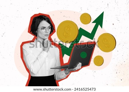 Photo artwork graphics collage painting of doubtful unsure lady earning money modern device isolated drawing background