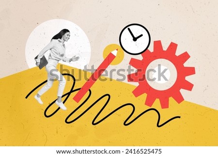 Contemporary artwork collage of running business lady motivated to wake up early and work more active isolated on beige color background