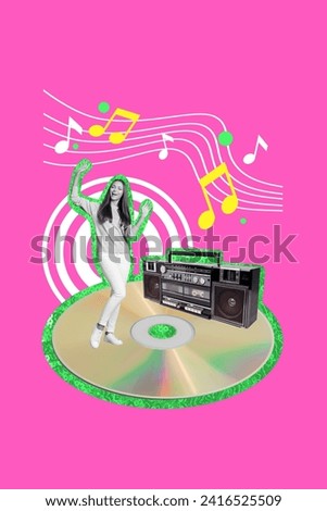 Vertical picture pop collage artwork of funky lady clubbing raised hands up chilling with boombox cd disc isolated on magenta background