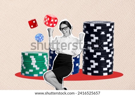 Collage picture illustration image monochrome effect excited happy enjoy young woman winner poker gambling unusual big stack