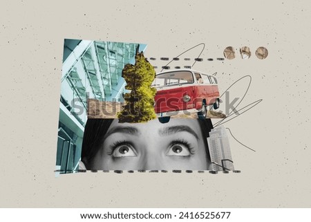 Picture abstract collage artwork of young woman eyes looking up thoughts discover city and drive hippie van isolated on gray background