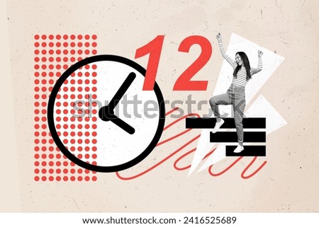Collage art picture of funny positive businesswoman celebrate at twelve oclock when started her lunch isolated over beige color background