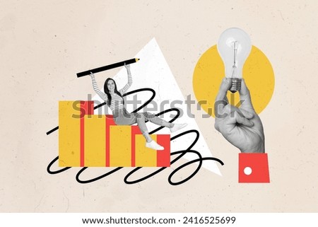 Photo collage of young manager innovations holding pencil write ideas find genius idea lightbulb isolated on beige color background